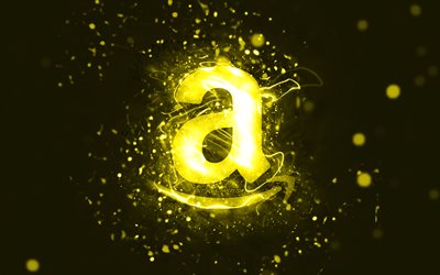 4k, Amazon sarı logosu, sanat eseri, sarı neon ışıkları, yaratıcı, sarı soyut arka plan, Amazon logosu, markalar, Amazon