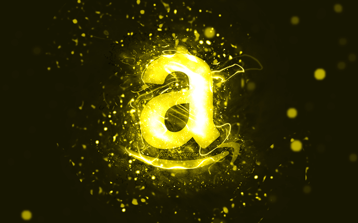 4k, logo jaune Amazon, œuvres d&#39;art, n&#233;ons jaunes, cr&#233;atif, fond abstrait jaune, logo Amazon, marques, Amazon