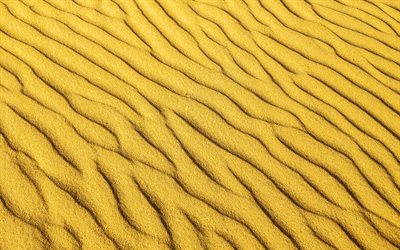 sable jaune, textures ondul&#233;es de sable, macro, fond ondul&#233; de sable, textures 3D, arri&#232;re-plans de sable, textures de sable, fond avec du sable
