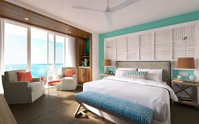 bedroom interior, modern design, wood paneling, blue walls, bedroom