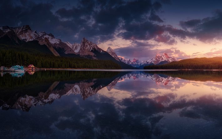 tramonto, lago, montagna, paesaggio, Alberta, Canada
