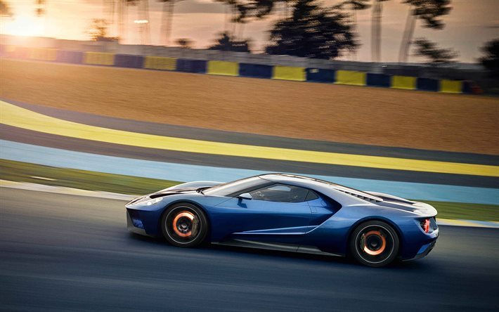 Ford GT, 2017, urheilu autot, sininen Ford, tie, nopeus, race track