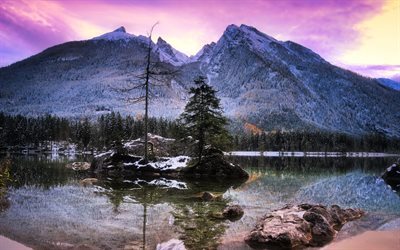 winter, mountains, sunset, mountain lake, forest, snow, Canada