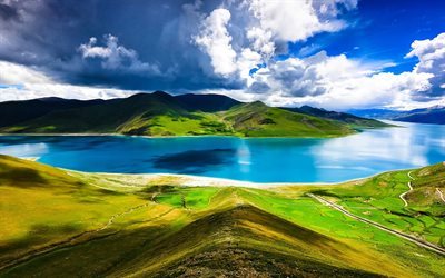 YamdrokTsoパラダイス湖, 夏, 草原, 青湖, チベット