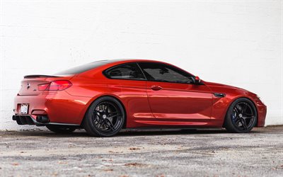 BMW M6 غران كوبيه, 2017, الأحمر سيدان الرياضية, ضبط, عجلات سوداء, BMW