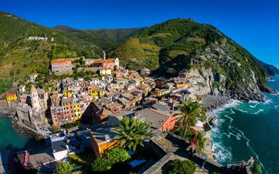 Vernazza, Especias, vista desde arriba, rocas, Mar Mediterr&#225;neo, verano, viajes, Italia, Liguria