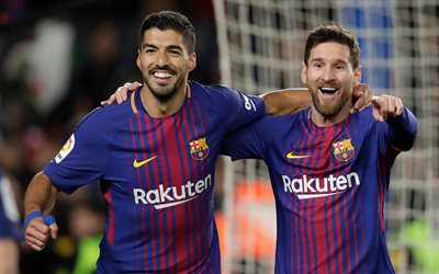 Lionel Messi, Luis Suarez, FC Barcelona, UEFA Şampiyonlar Ligi, İspanya, futbol yıldızları, 4k