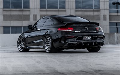 Mercedes C63S Coupe, AMG, 2017, Rear view, black sports coupe, tuning C63S, luxury wheels, Velos XX 2, Mercedes