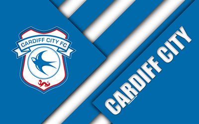 Cardiff City FC, logotyp, 4k, bl&#229; vit abstraktion, material och design, Engelska football club, Cardiff, Wales, STORBRITANNIEN, fotboll, EFL Championship