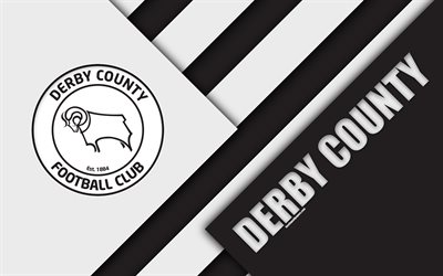 Derby County FC, logotipo, 4k, en blanco y negro de abstracci&#243;n, dise&#241;o de materiales, el club de f&#250;tbol ingl&#233;s, de Derby, Inglaterra, reino unido, f&#250;tbol, EFL Campeonato