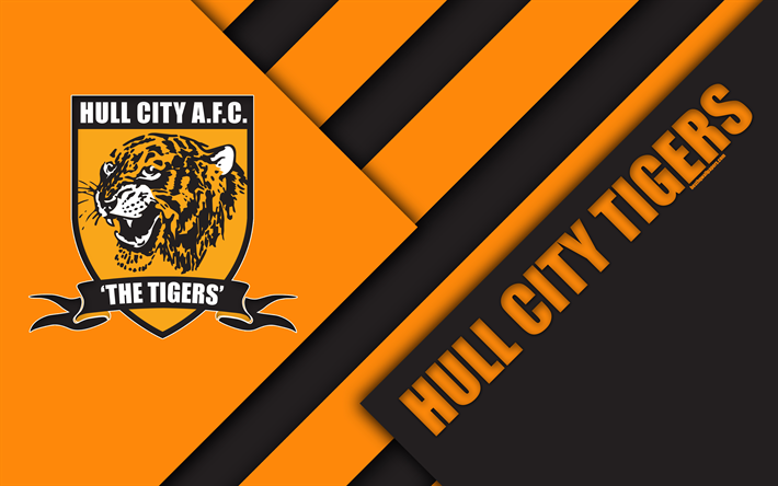 Hull City Tigers FC, logo, 4k, turuncu, siyah soyutlama, malzeme tasarımı, İngiliz Futbol Kul&#252;b&#252;, Kingston upon Hull, İngiltere, İNGİLTERE, futbol, HAZIRLIK Şampiyonası