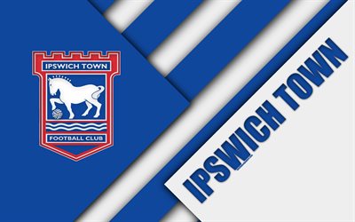 Ipswich Town FC, logo, 4k, mavi beyaz soyutlama, malzeme tasarımı, İngiliz Futbol Kul&#252;b&#252;, Ipswich, İngiltere, İNGİLTERE, Futbol, Şampiyonası HAZIRLIK