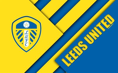 Leeds United FC, logotyp, 4k, bl&#229; gul abstraktion, material och design, Engelska football club, Leeds, England, STORBRITANNIEN, fotboll, EFL Championship