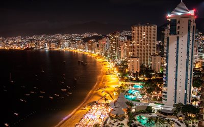 Acapulco, Mexico, noite, costa, praia, resort, luzes da cidade, Do Oceano Pac&#237;fico, Resort mexicano cidade, Sul Da Sierra Madre