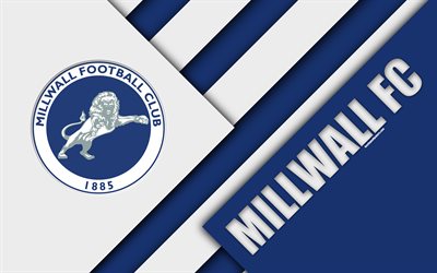 Millwall FC, logo, 4k, blue white abstraction, material design, English football club, London, England, UK, football, EFL Championship