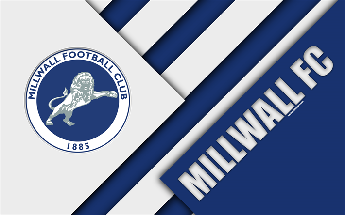 Millwall FC, logo, 4k, azul branco abstra&#231;&#227;o, design de material, Clube de futebol ingl&#234;s, Londres, Inglaterra, Reino UNIDO, futebol, EFL Campeonato
