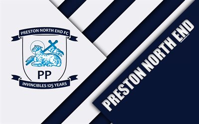 Preston North End FC, logotipo, 4k, blanco, azul, abstracci&#243;n, dise&#241;o de materiales, el club de f&#250;tbol ingl&#233;s, Preston, Inglaterra, reino unido, f&#250;tbol, EFL Campeonato