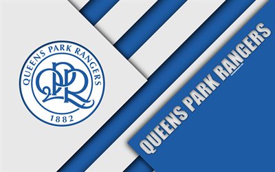 Queens Park Rangers FC, QPR logotipo de 4k, blanco azul abstracci&#243;n, QPR, dise&#241;o de materiales, el club de f&#250;tbol ingl&#233;s, Londres, Inglaterra, reino unido, f&#250;tbol, EFL Campeonato