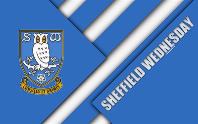 Sheffield Wednesday FC, logo, 4k, blue white abstraction, material design, English football club, Sheffield, England, UK, football, EFL Championship