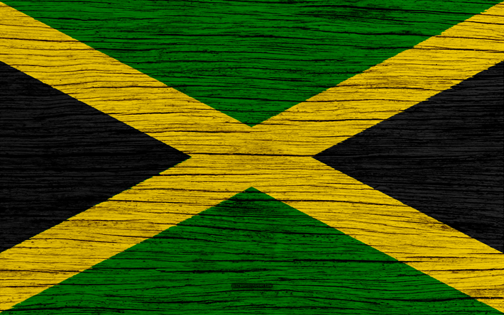 旗のジャマイカ, 4k, 北米, 木肌, ジャマイカのフラグ, 国立記号, 美術, ジャマイカ