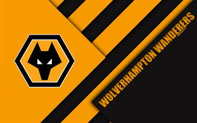 Wolverhampton Wanderers FC, logo, 4k, turuncu-siyah soyutlama, FC, Materyal Tasarımı, İngiliz Futbol Kul&#252;b&#252;, Wolverhampton, İngiltere, İNGİLTERE, futbol, HAZIRLIK Şampiyonası Kurtlar