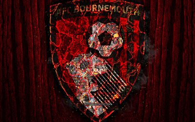 Bournemouth FC, scorched logo, Premier League, red wooden background, english football club, grunge, AFC Bournemouth, football, soccer, Bournemouth logo, fire texture, England