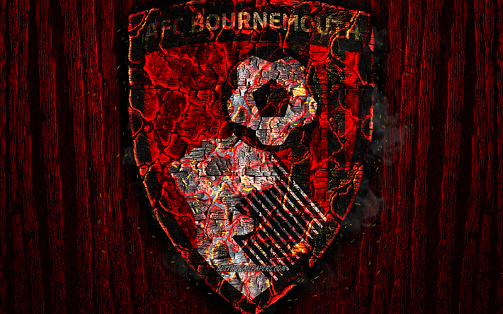Bournemouth FC, arrasada logotipo, Premier League, madeira vermelho de fundo, clube de futebol ingl&#234;s, grunge, AFC Bournemouth, futebol, Bournemouth logotipo, fogo textura, Inglaterra