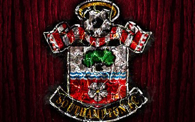 Southampton FC, scorched logo, Premier League, red wooden background, english football club, grunge, Southampton, football, soccer, Southampton logo, fire texture, England