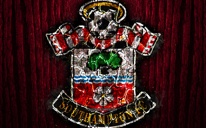 Southampton FC, arrasada logotipo, Premier League, madeira vermelho de fundo, clube de futebol ingl&#234;s, grunge, Southampton, futebol, Southampton logotipo, fogo textura, Inglaterra