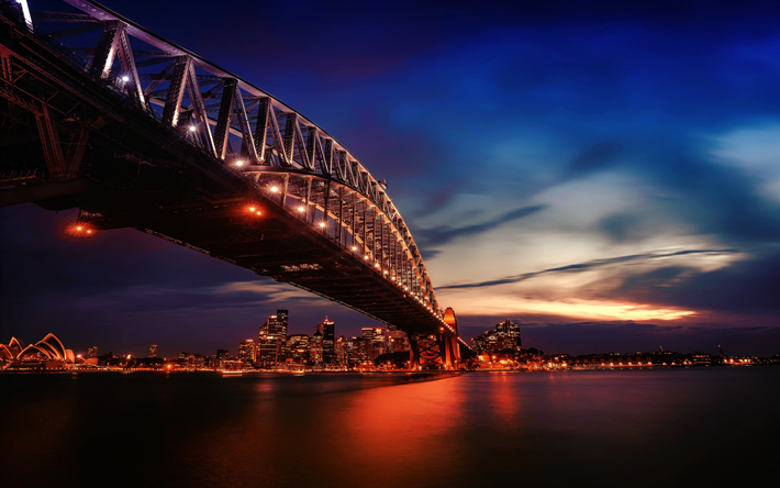Harbour Bridge, Sydney, Australia, pilvenpiirt&#228;ji&#228;, illalla, sunset, kaupunkikuva, kaupungin valot, Oopperatalo, Sydney Harbour