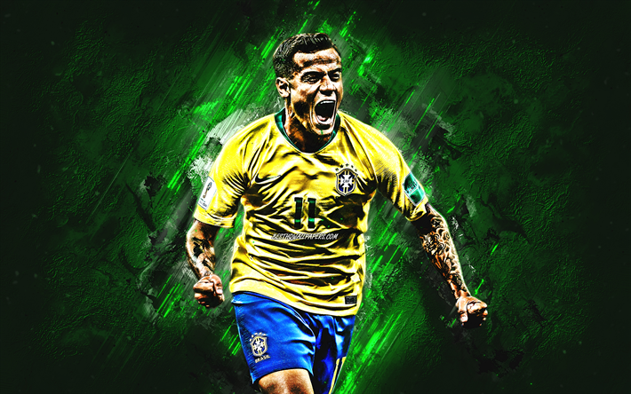 Philippe Coutinho, grunge, Squadra Nazionale del Brasile, gioia, Coutinho, calcio, calciatori, pietra verde, stelle del calcio, squadra di calcio Brasiliana