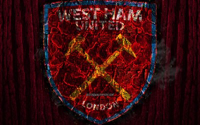 West Ham United FC, scorched logo, Premier League, purple wooden background, english football club, grunge, West Ham, football, soccer, West Ham United logo, fire texture, England