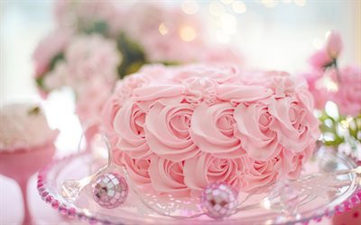 wedding pink cake, pink cream roses, decoration, wedding concepts, cakes, sweets