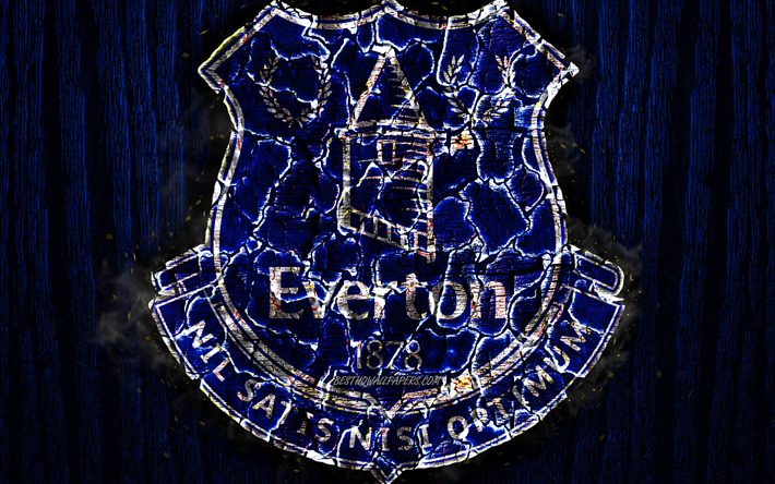 Everton FC, scorched logo, Premier League, blue wooden background, english football club, grunge, Everton, football, soccer, Everton logo, fire texture, England