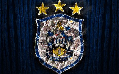 Huddersfield Town FC, arrasada logotipo, Premier League, de madeira azul de fundo, clube de futebol ingl&#234;s, grunge, Huddersfield Town AFC, futebol, Huddersfield Town logotipo, fogo textura, Inglaterra