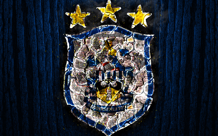Huddersfield Town FC, scorched logo, Premier League, blue wooden background, english football club, grunge, Huddersfield Town AFC, football, soccer, Huddersfield Town logo, fire texture, England