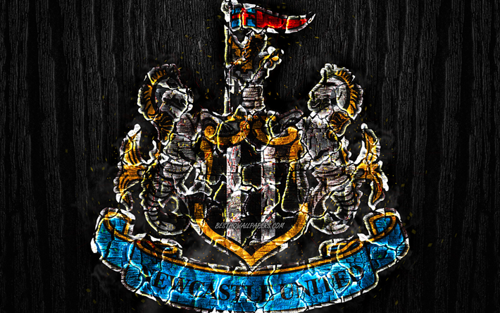 O Newcastle United FC, arrasada logotipo, Premier League, madeira preta de fundo, clube de futebol ingl&#234;s, grunge, Sc, futebol, Newcastle United logotipo, fogo textura, Inglaterra