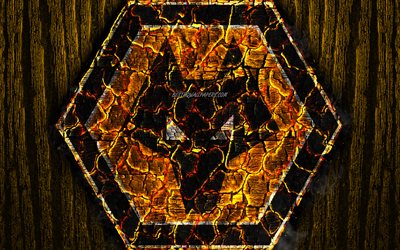 Wolverhampton Wanderers FC, scorched logo, Premier League, yellow wooden background, english football club, grunge, football, soccer, Wolverhampton Wanderers logo, fire texture, England