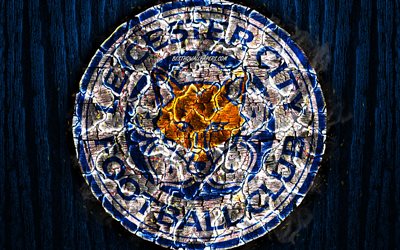 Leicester City FC, scorched logo, Premier League, blue wooden background, english football club, grunge, LCFC, football, soccer, Leicester City logo, fire texture, England