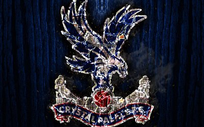 Crystal Palace FC, scorched logo, Premier League, blue wooden background, english football club, grunge, football, soccer, Crystal Palace logo, fire texture, England