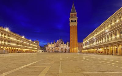 St Marks Cathedral, Venice, Italy, evening, sunset, landmark, bell tower, St Marks Square, Patriarchal Cathedral Basilica of Saint Mark, Gothic architecture