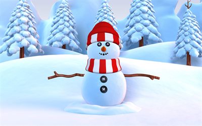 snowman, 4k, winter, pine trees, snowdrifts, 3D art, snowy forest, 3D snowman