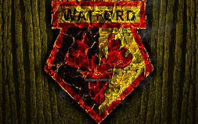 ワットフォードFC, 焦マーク, プレミアリーグ, 黄色の木製の背景, 英語サッカークラブ, グランジ, サッカー, ワットフォードのロゴ, 火災感, イギリス