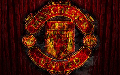 Manchester United FC, scorched logo, Premier League, red wooden background, english football club, grunge, Man United, football, soccer, Manchester United logo, fire texture, England, Manchester Utd