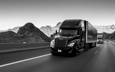 Freightliner Cascadia, 2019, truck, new black Cascadia, american truck, front view, trucking, cargo delivery, Freightliner
