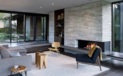 stylish living room, modern design, fireplace, large windows, stylish interior, living room