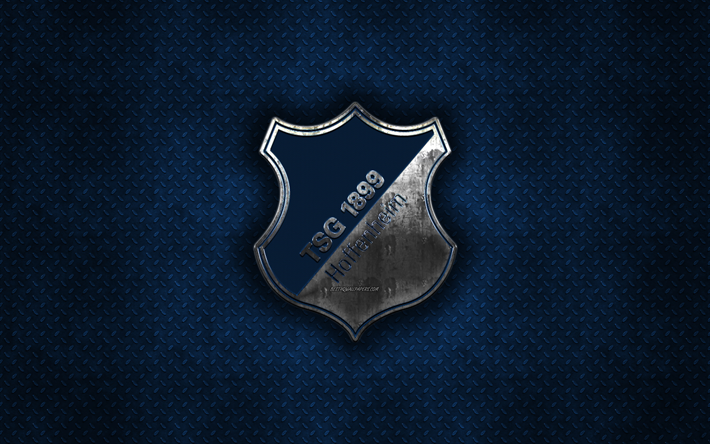 TSG 1899 Hoffenheim, Saksalainen jalkapalloseura, sininen metalli tekstuuri, metalli-logo, tunnus, Hoffenheim, Saksa, Bundesliiga, creative art, jalkapallo