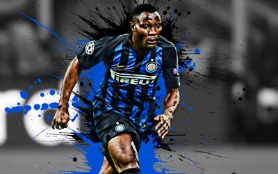 Kwadwo Asamoah, 4k, Ghanaian football player, Internazionale FC, defender, blue black paint splashes, creative art, Inter Milan FC, Serie A, Italy, football, grunge, Asamoah