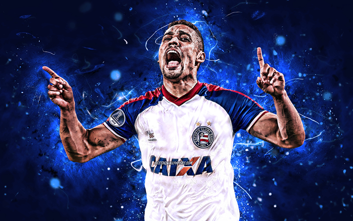 Edigar Junio, 4k, EC Bahia, white uniform, soccer, brazilian footballers, Brazilian Serie A, Edigar Junio ​​Teixeira Lima, Bahia FC, neon lights, Brazil