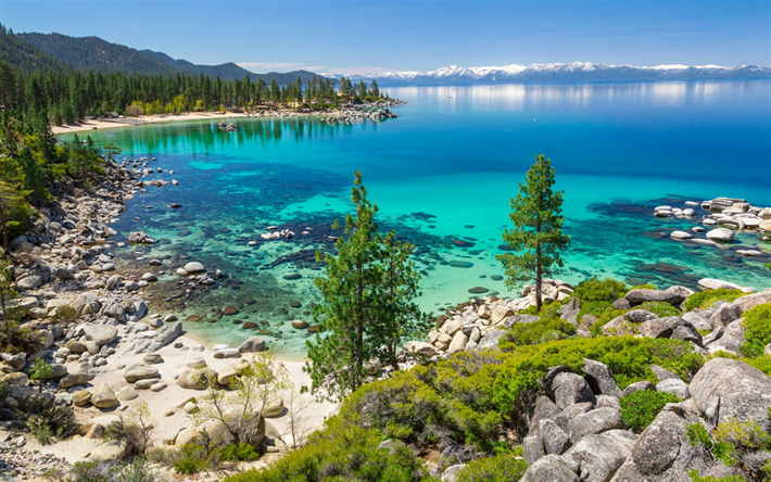 Lake Tahoe, primavera, dia de sol, lago azul, Sierra Nevada, Calif&#243;rnia, EUA